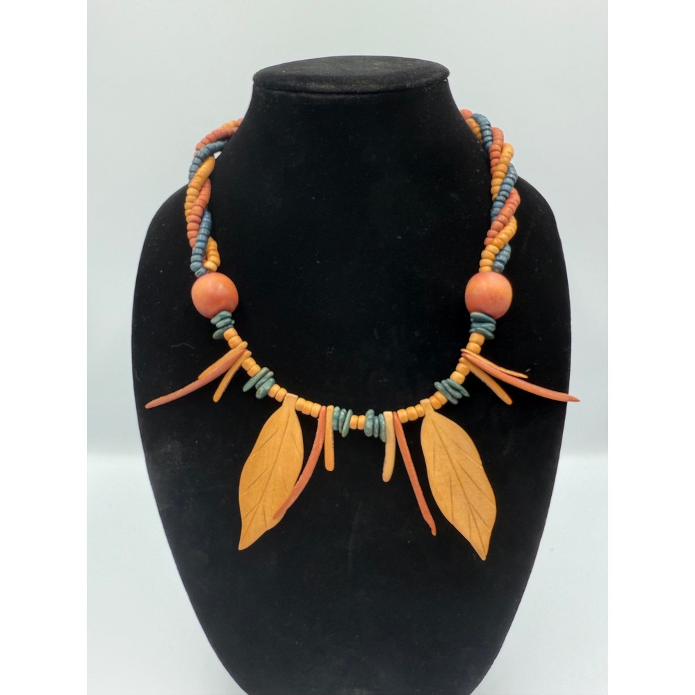 Vintage Boho Carved Wood Leaf Statement Necklace Earthy Multi Strand Beaded 22"